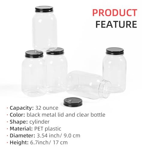 OMNISAFE 32 Ounce Clear Plastic Mason Jars With Screw On Lid, Reusable Empty Jars for Food Storage, Round BPA Free Containers for Sealing, Dry Food, Snacks, Candies, Breakage-proof, (Black - 6 Pack) - Image 2