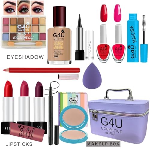 G4U All in One Makeup Kit Gift Set,Eyeshadow,Eyeliner Pen,Foundation,3 Lipsticks,Kajal,Lip Liner,Puff,Mascara,2nail Polish,Compact,Perfect for Party Wedding makeup With Makeup Box(Set Of 14Pcs) ST 95 - Image 1
