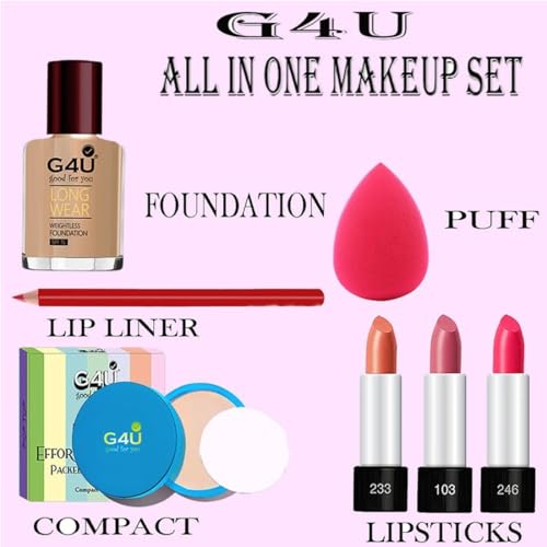 G4U All in One Makeup Kit Gift Set,Eyeshadow,Eyeliner Pen,Foundation,3 Lipsticks,Kajal,Lip Liner,Puff,Mascara,2nail Polish,Compact,Perfect for Party Wedding makeup With Makeup Box(Set Of 14Pcs) ST 95 - Image 3