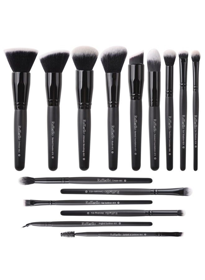 Raffaello مجموعة فرش المكياج 15 قطعة فرش مكياج احترافية مصنوعة من الألياف الصناعية للبودرة، الأساس، التظليل، أحمر الخدود، خافي العيوب، ظلال العيون، فرشاة الدمج، فرشاة تحديد المكياج - Image 1