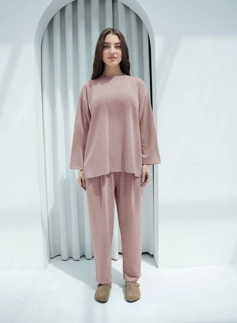 Andy 6653 | Women's Premium Cotton Oversized Two-Piece Lounge Set – Relaxed Fit Top with Long Sleeves and Wide-Leg Pants | Pink