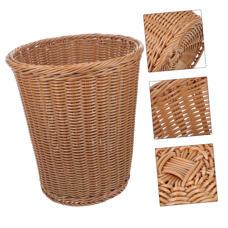 Beige Rattan Woven Waste Bin For Home Office Kitchen Living Room Bedroom Storage - Image 5