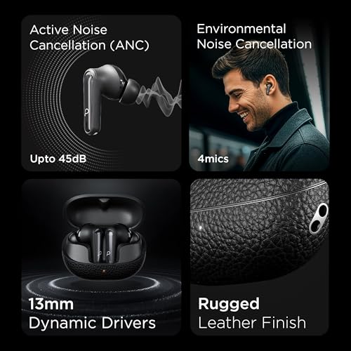 Pebble Blissbuds Noir True Wireless Earbuds | Deep Bass | AI Powered ANC & ENC | 4 Mics | Premium Leather Texture | Dual Pairing | Voice Assistant | Snug Secure Fit - Image 2
