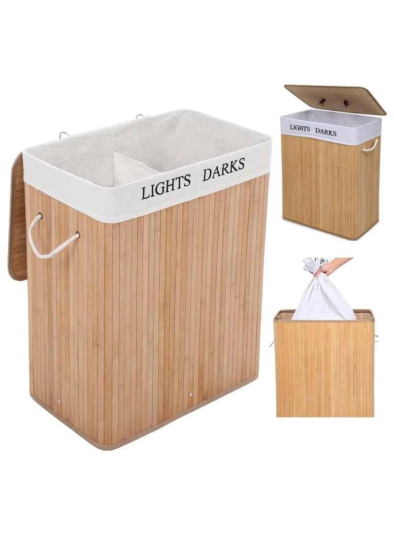 Laundry Basket with Lid, Bamboo Laundry Hamper with Removable Liner Bag, Foldable Laundry Bag with Handle for Clothes and Storage, Space, Saving Laundry Hamper for Laundry Room, Bedroom - Image 1