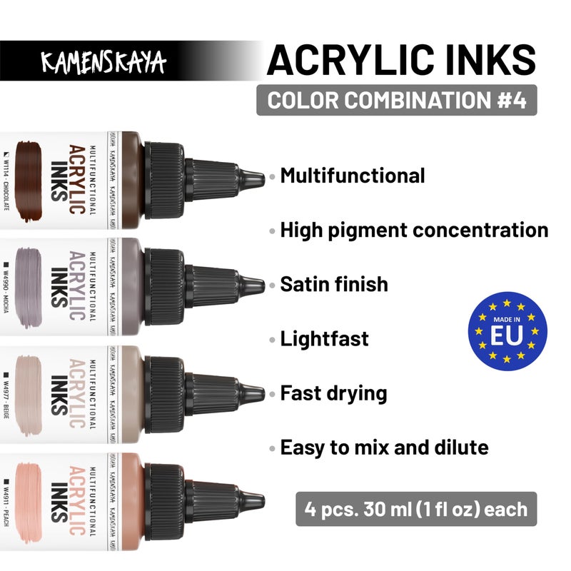 Kamenskaya Acrylic Inks for Artists - Acrylic Ink Set, Color Combination #4-4 pcs. 1 Fl Oz (30 ml) Each - Image 3