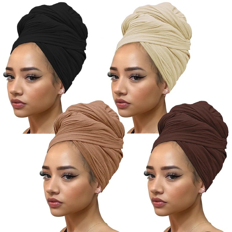 Kachanaa 4 Pieces Solid Color Stretch Knit Head Wrap Extra Long African Head Scarf Breathable Turbans for Black Women - Image 1