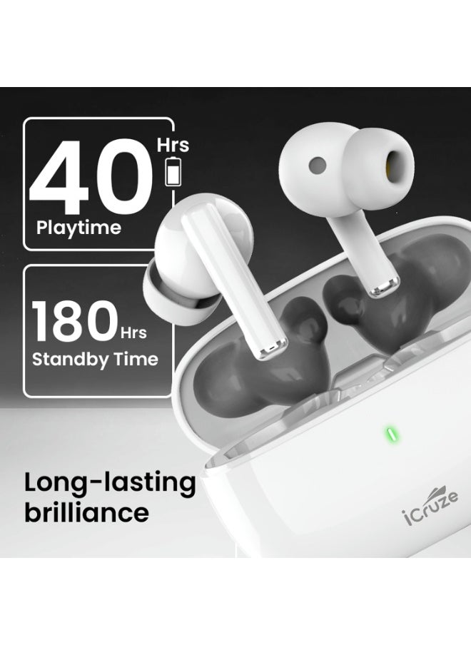 iCruze - iCruze Aura TWS Earbuds - Bluetooth 5.3, 40HR Playtime, ENC, 13mm Drivers, Noise Isolation, Touch Control, Type-C Charging - White - Image 1