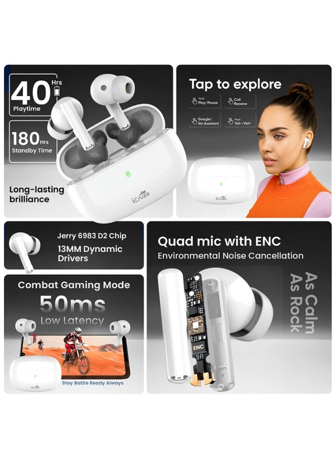 iCruze - iCruze Aura TWS Earbuds - Bluetooth 5.3, 40HR Playtime, ENC, 13mm Drivers, Noise Isolation, Touch Control, Type-C Charging - White - Image 1