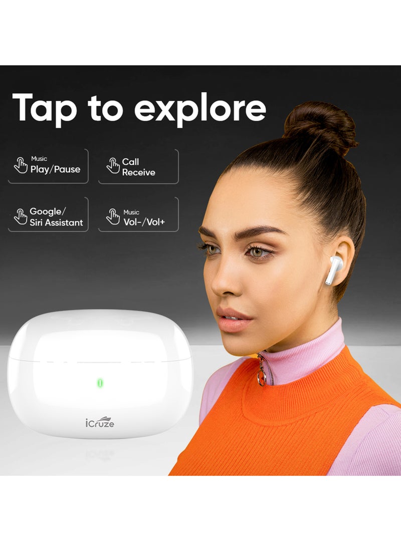 iCruze - iCruze Aura TWS Earbuds - Bluetooth 5.3, 40HR Playtime, ENC, 13mm Drivers, Noise Isolation, Touch Control, Type-C Charging - White - Image 1