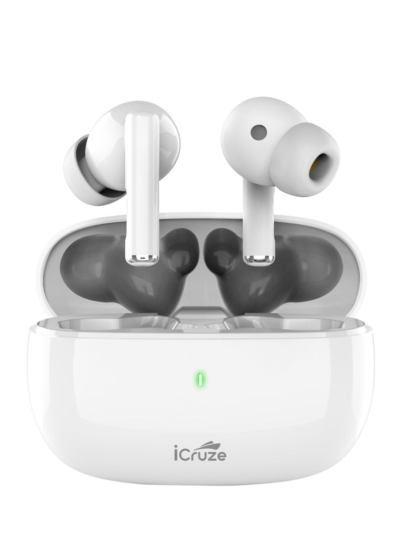 iCruze - iCruze Aura TWS Earbuds - Bluetooth 5.3, 40HR Playtime, ENC, 13mm Drivers, Noise Isolation, Touch Control, Type-C Charging - White - Image 1