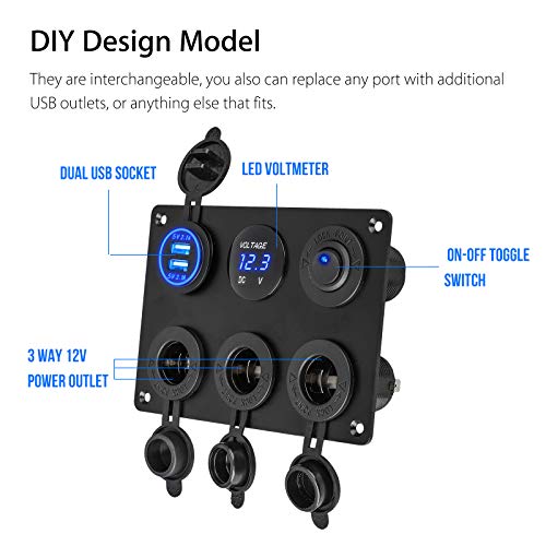 Linkstyle 12V Cigarette Socket Panel, 3 Cigarette Lighter Splitter with Dual USB Charger Port & LED Voltmeter & ON Off Rocker Toggle Switch for Car RV Boat - Image 2