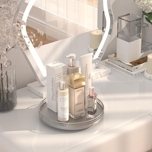 Oroyutor 10" Silver Lazy Susan for Table Top, Oak Wood Lazy Susan Turntable Organizer for Dining Coffee Table Centerpiece Bar Decor Kitchen Countertop Bathroom Vanity Decorative Tray for Perfume Jewelry Round - Image 2