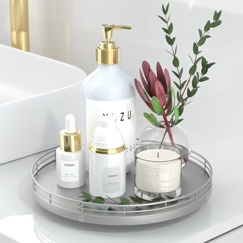 Oroyutor 10" Silver Lazy Susan for Table Top, Oak Wood Lazy Susan Turntable Organizer for Dining Coffee Table Centerpiece Bar Decor Kitchen Countertop Bathroom Vanity Decorative Tray for Perfume Jewelry Round - Image 1