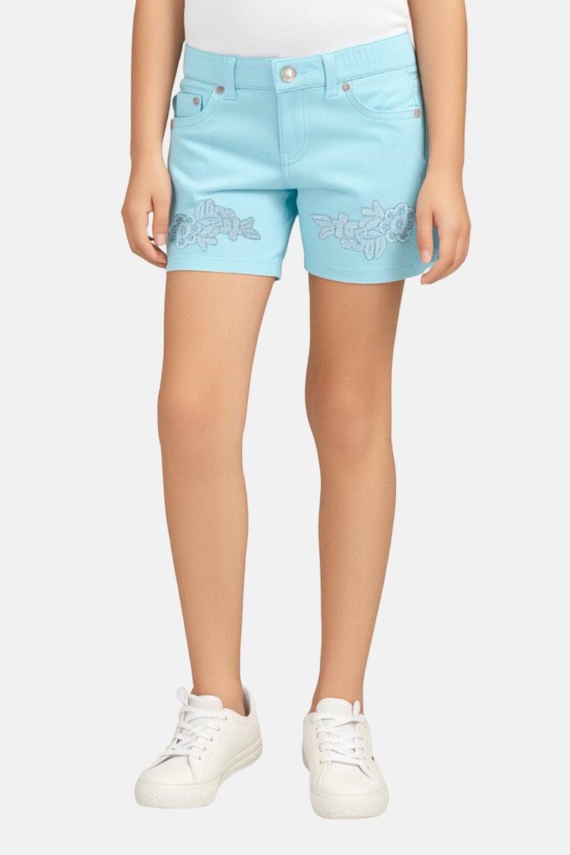 Levi's Kids Girl Embroidered Denim Shorts, Turquoise - Image 1