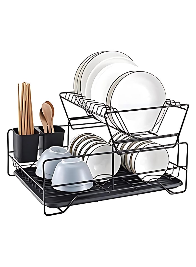 Dish Drying Rack 2 Tier, Kitchen Dish Rack with Utensil Holder, Cutting Board Holder, Drainboard Tray, Rotatable Drainage System, Rust Proof Dish Drainer, Large Countertop Dish Drying Stand, Antibacterial Plate Rack Organizer  - Image 1