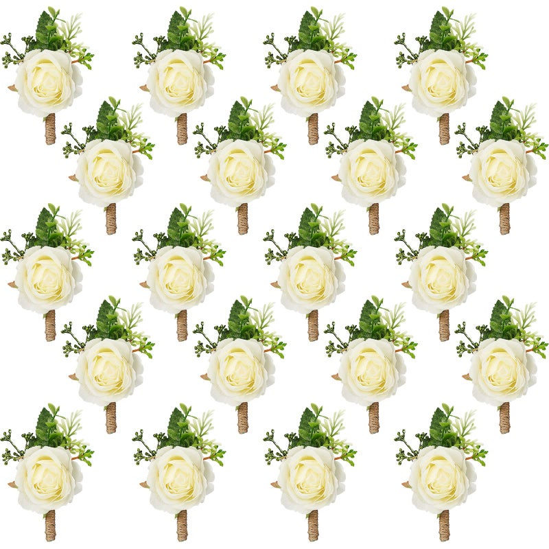 Sherr 20 Pcs Rose Boutonniere for Men Wedding Corsage Rose Groom and Groomsmen Boutonniere with Artificial Flower for Rustic Vintage Wedding Ceremony Anniversary Dinner Prom Party (White) - Image 1