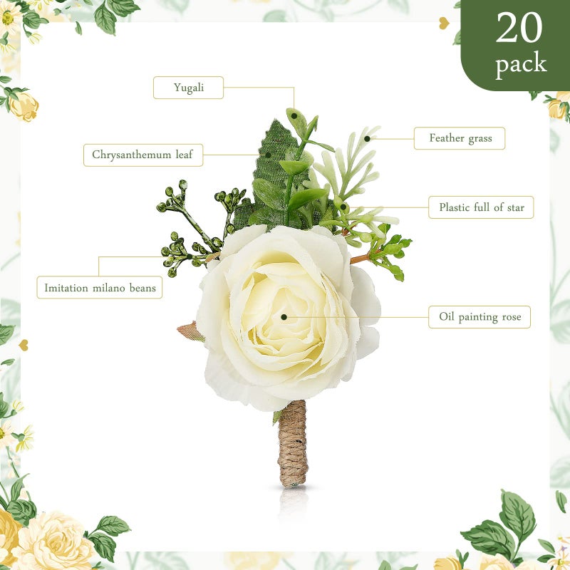 Sherr 20 Pcs Rose Boutonniere for Men Wedding Corsage Rose Groom and Groomsmen Boutonniere with Artificial Flower for Rustic Vintage Wedding Ceremony Anniversary Dinner Prom Party (White) - Image 2