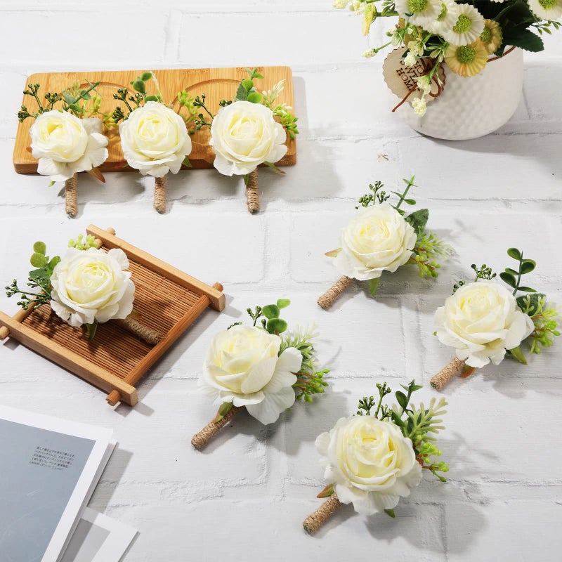 Sherr 20 Pcs Rose Boutonniere for Men Wedding Corsage Rose Groom and Groomsmen Boutonniere with Artificial Flower for Rustic Vintage Wedding Ceremony Anniversary Dinner Prom Party (White) - Image 3