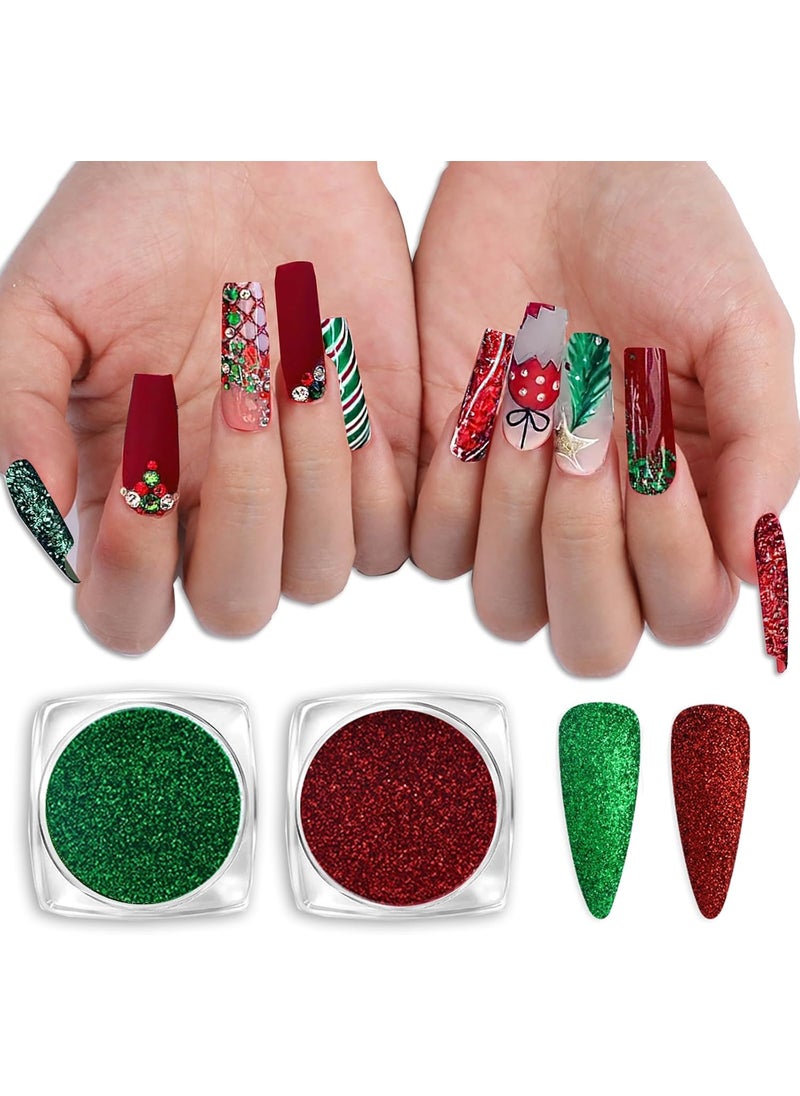 BASEMMAHER Shiny Nail Art Chrome Powder Glitter Red Green Sugar Pigment Dust Powder Holographic Superfine French Nail Sugar Glitter Iridescent Candy Coat Nails Sweater Design Manicure Decorations 