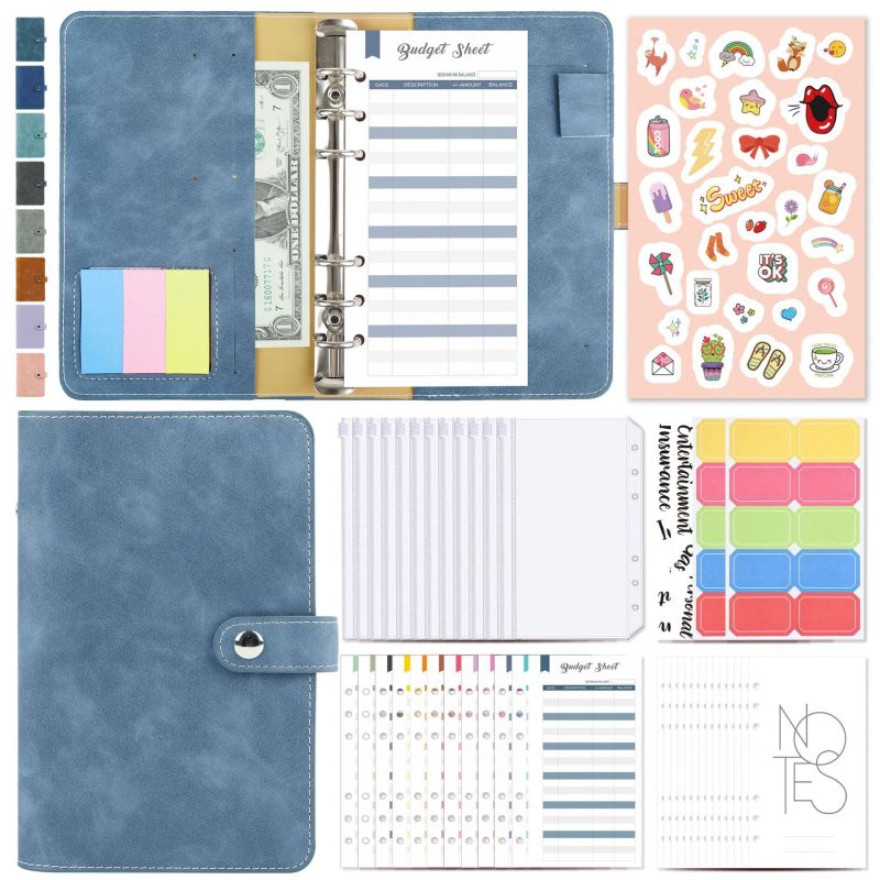 A6 Ring Binder: 7.45 X 5.2 Inches Light Blue PU Leather - Tear-Resistant Waterproof PVC Pockets Budget Planner for Personal Finance Organization - Image 1