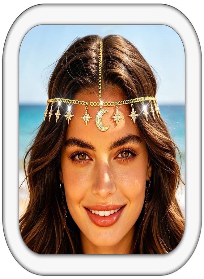 Urieo Boho Moon Head Chain Gold Headpiece Jewelry Tassel Crystal Hair Accessories for Women - Image 1