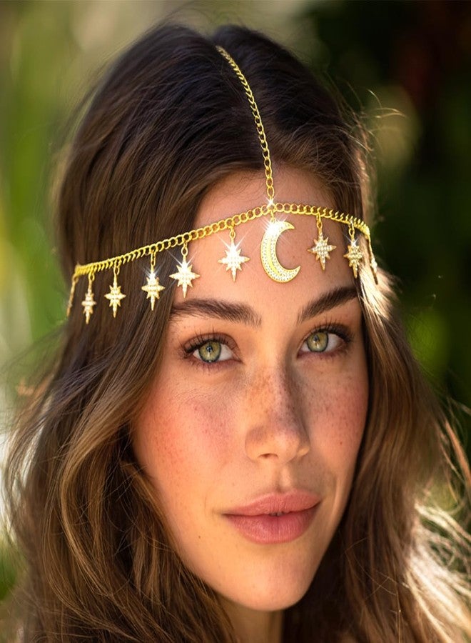 Urieo Boho Moon Head Chain Gold Headpiece Jewelry Tassel Crystal Hair Accessories for Women - Image 2