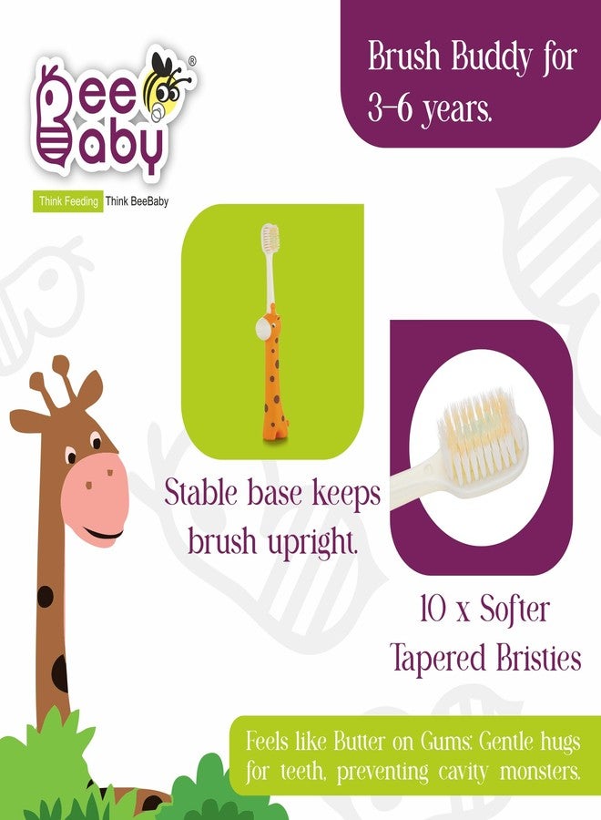 BeeBaby Giraffe Brush Buddy Toothbrush for Kids 3-6 Years, Soft Handle for Easy Grip, 10 x Softer Tapered Bristles Ideal for Milk and Permanent Teeth, 100% BPA Free. Orange - Image 2
