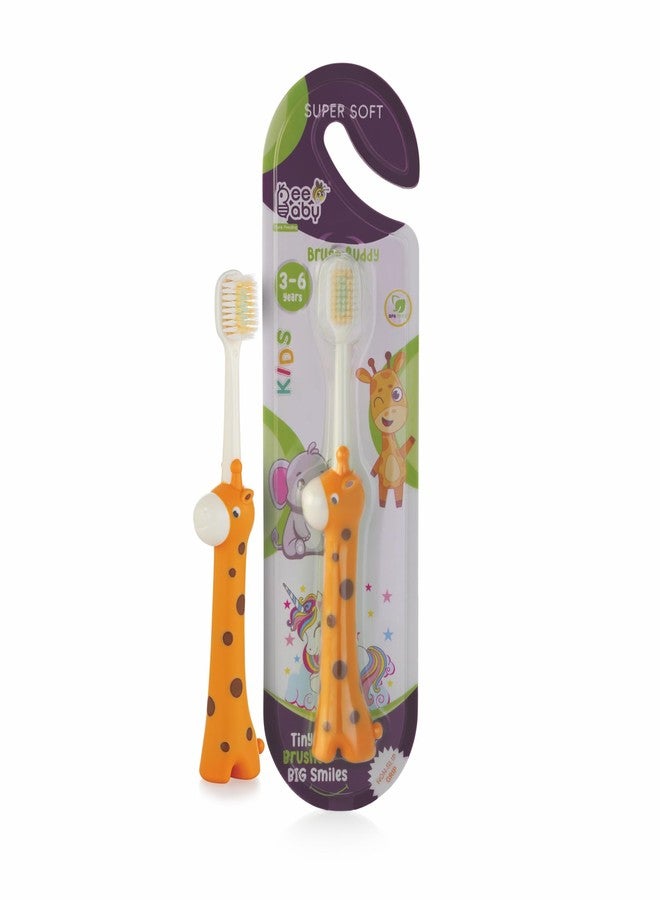 BeeBaby Giraffe Brush Buddy Toothbrush for Kids 3-6 Years, Soft Handle for Easy Grip, 10 x Softer Tapered Bristles Ideal for Milk and Permanent Teeth, 100% BPA Free. Orange - Image 1