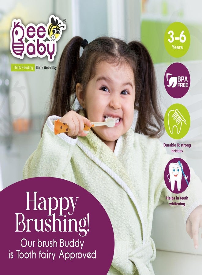 BeeBaby Giraffe Brush Buddy Toothbrush for Kids 3-6 Years, Soft Handle for Easy Grip, 10 x Softer Tapered Bristles Ideal for Milk and Permanent Teeth, 100% BPA Free. Orange - Image 3