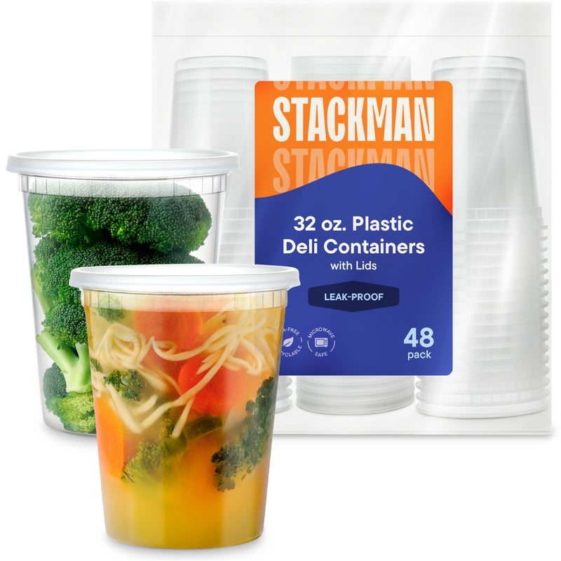 Soup Containers with Lids 48 Sets 32 oz Quart Plastic Deli Container Deli Food Storage Containers with Airtight Lids for Freezer Restaurant Takeout