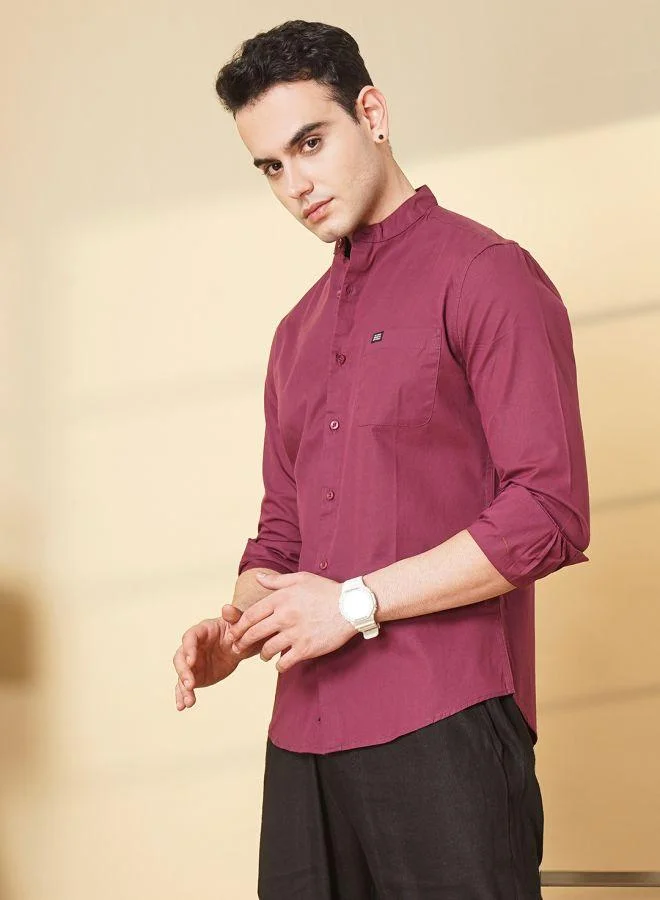 The Indian Garage Co Men Regular Fit Solid Full Sleeves Mandarin Collar Casual Shirt