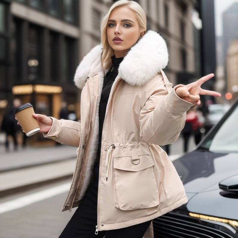 Womens Winter Thickened Parka Slim Fur Collar Cotton Coat 2024 Gray