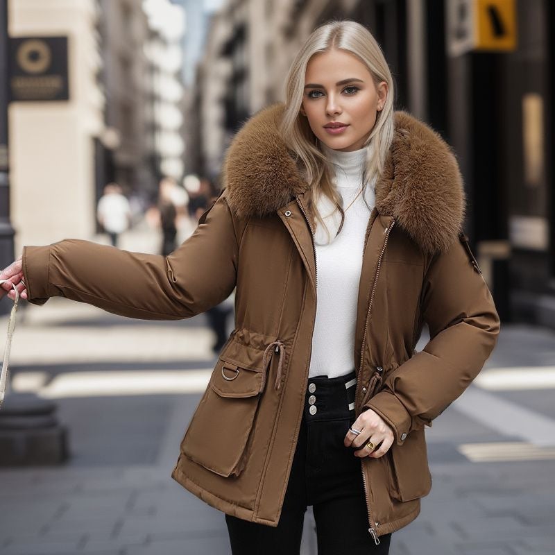 Womens Winter Thickened Parka Slim Fur Collar Cotton Coat 2024 Gray