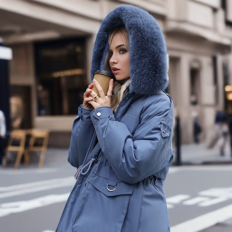 Womens Winter Thickened Parka Slim Fur Collar Cotton Coat 2024 Gray