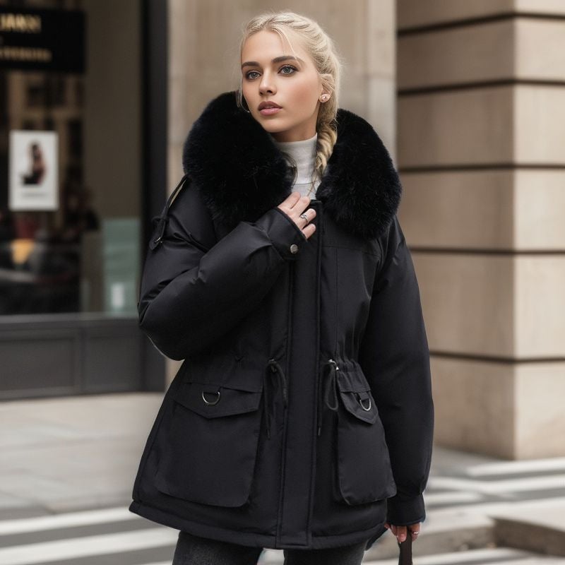 Womens Winter Thickened Parka Slim Fur Collar Cotton Coat 2024 Gray
