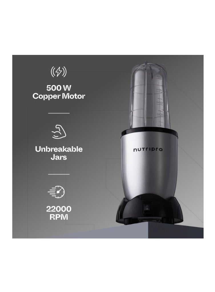 nutripro خلاط نوتري برو 500 واط | عصارة ومطحنة وجهاز صنع العصائر (فضي، وعاءان) - ضمان لمدة عام - Image 3