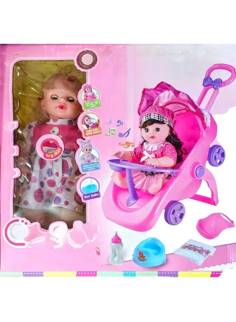 دمية طفل مع مجموعة لعب عربة أطفال ومقعد سيارة متحول، وردي - Image 4