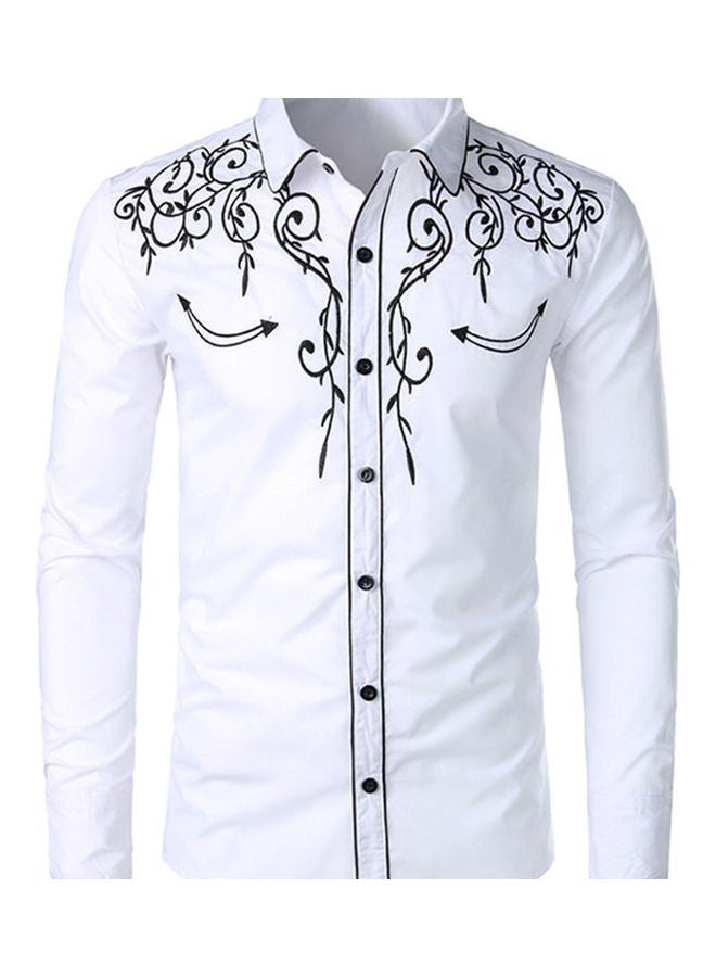 Men Solid Colour Embroidered Turn Down Collar Long Sleeve Slim Fit Shirt Top White