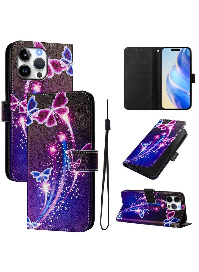 Zaboon For iPhone 16 Pro Max Art Colored Drawing Pattern Leather Phone Case(Fireworks butterfly)
