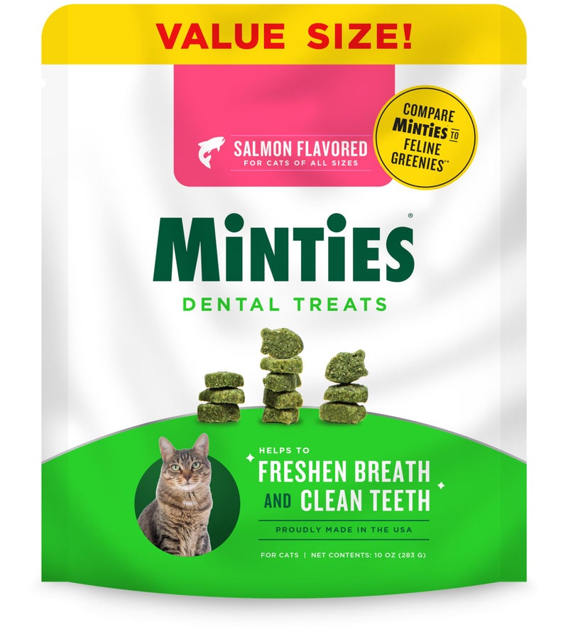 Minties Dental Treats for Cats, Salmon Flavored Cat Dental Treats, Freshens Breath and Controls Tartar, 10oz - Image 1