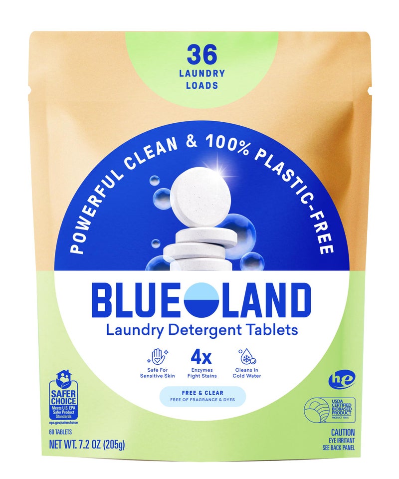 BLUELAND Laundry Detergent Tablets, 36 Count, Plastic-Free Eco-Friendly Pods, Sheets, Liquid Alternative - Fragrance Free and Clear, Natural, Gentle - Image 1