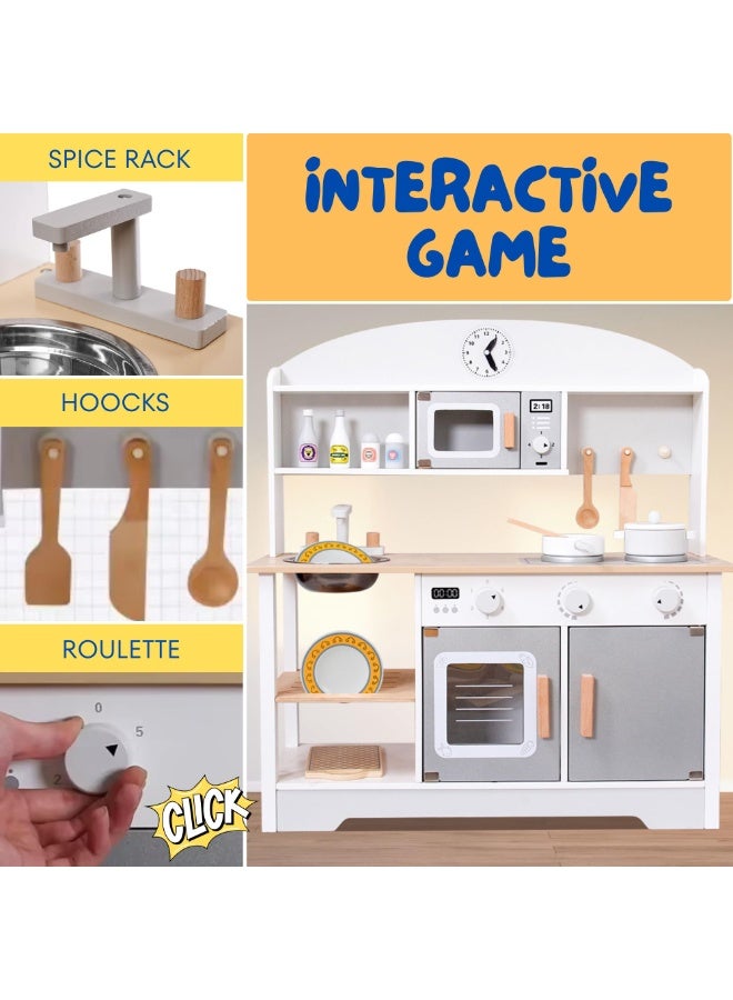 XiuWoo Children's Wooden Toy Kitchen with Accessories, Play Kitchen with Oven, Sink, Microwave, Hob and 12 Accessories Perfect for Gifting, Educational Game (72 x 68 x 26 cm) - Image 3