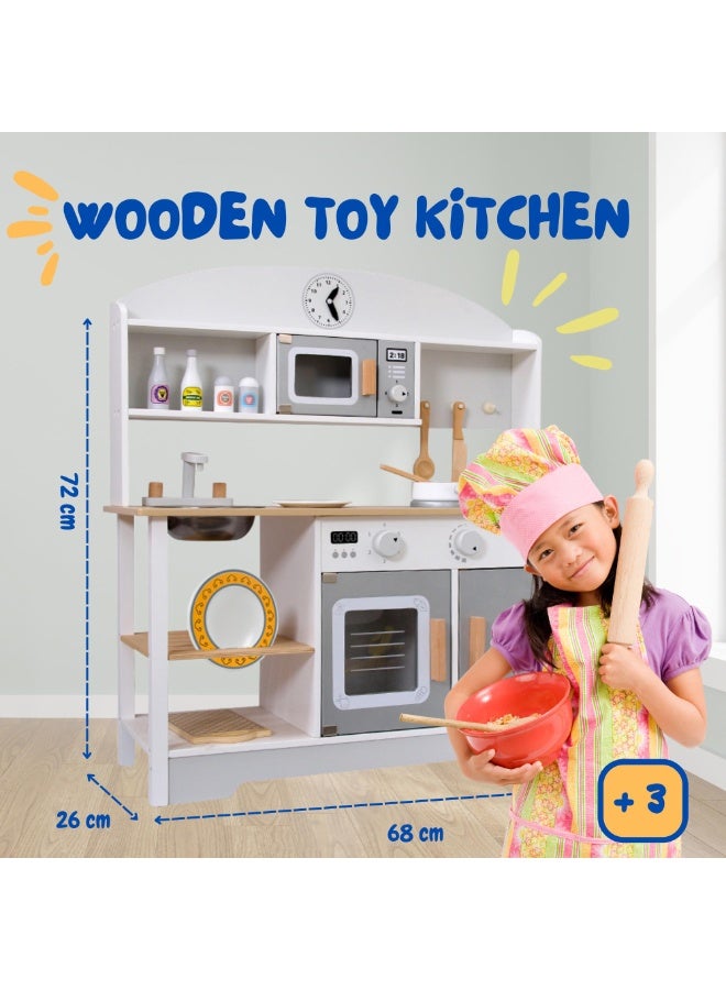 XiuWoo Children's Wooden Toy Kitchen with Accessories, Play Kitchen with Oven, Sink, Microwave, Hob and 12 Accessories Perfect for Gifting, Educational Game (72 x 68 x 26 cm) - Image 2
