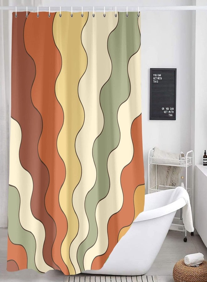 Bzhilja Retro Vintage Wavy Earth Tones Shower Curtain, Bohemian Orange Yellow Terracotta Bath Curtains, Cute 70s 60s Mid-Century Abstract Art Bathroom Set with Hooks, 69x70 Yellow Orange - Image 3