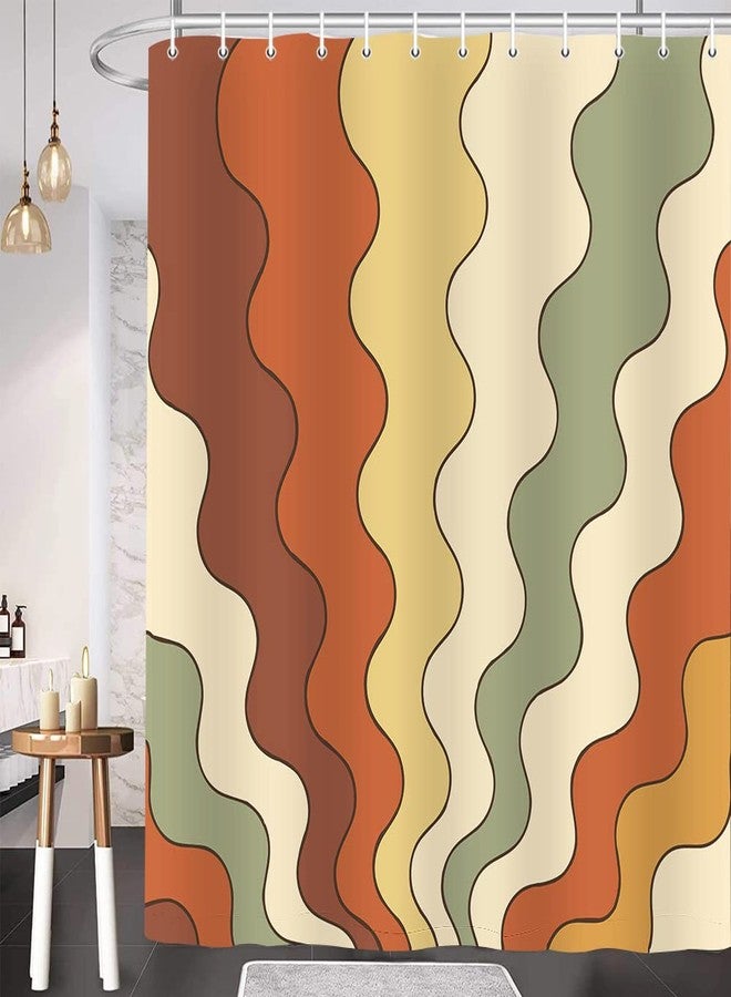 Bzhilja Retro Vintage Wavy Earth Tones Shower Curtain, Bohemian Orange Yellow Terracotta Bath Curtains, Cute 70s 60s Mid-Century Abstract Art Bathroom Set with Hooks, 69x70 Yellow Orange - Image 2