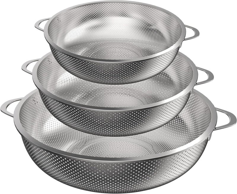Jolfay Colander Set of 3, Stainless Steel Micro-Perforated Colanders Strainers for Draining Rinsing Washing, Ideal for Pasta Vegetables Fruits, Heavy Duty & Dishwasher Safe - 1/3/5 Quart - Image 1