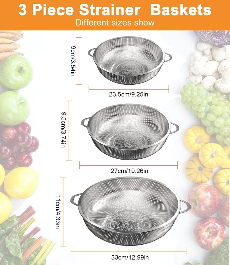 Jolfay Colander Set of 3, Stainless Steel Micro-Perforated Colanders Strainers for Draining Rinsing Washing, Ideal for Pasta Vegetables Fruits, Heavy Duty & Dishwasher Safe - 1/3/5 Quart - Image 2