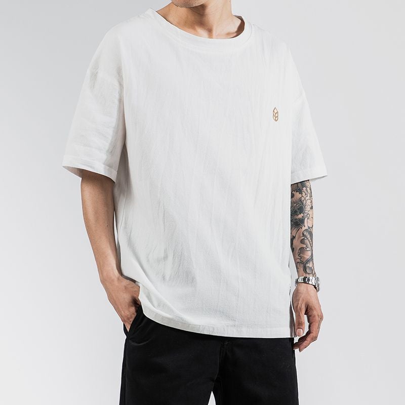 Shoulder Linen Short-sleeved T-shirt Men's plus size Loose Trendy Ins Fat Man Plus Fat Chinese Style Summer Cotton and Linen Half Sleeve - Image 5