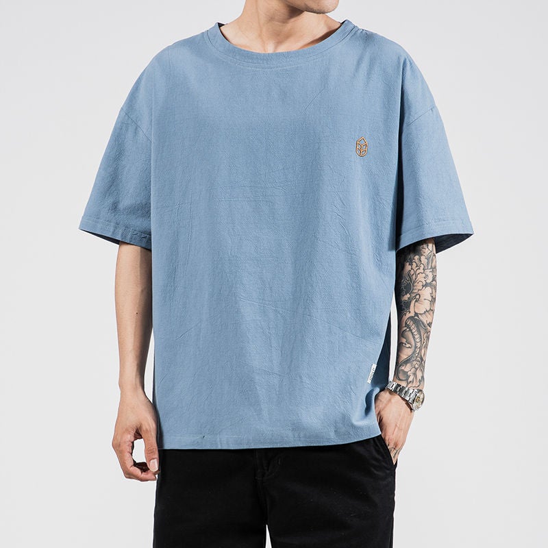 Shoulder Linen Short-sleeved T-shirt Men's plus size Loose Trendy Ins Fat Man Plus Fat Chinese Style Summer Cotton and Linen Half Sleeve - Image 4