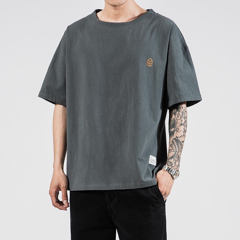 Shoulder Linen Short-sleeved T-shirt Men's plus size Loose Trendy Ins Fat Man Plus Fat Chinese Style Summer Cotton and Linen Half Sleeve - Image 2